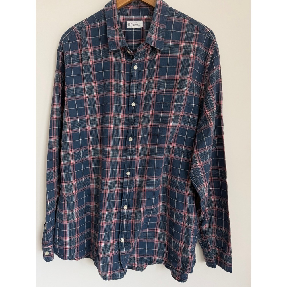 GAP Mens Linen Blend Plaid Button Down Shirt XXL Preppy Coastal Minimalist